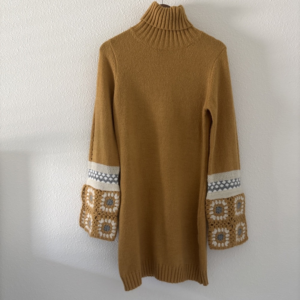Lulus Mustard Yellow Turtleneck Sweater Dress Crochet Cuffs Granny Square Size S